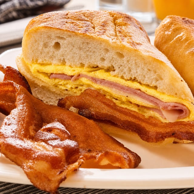 Breakfast Sandwich with Eggs, Cheese and Meat.